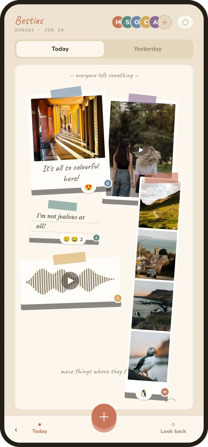 A busier Corner shared by a few friends: several photos, a photo strip and a voice note taped to the same page.