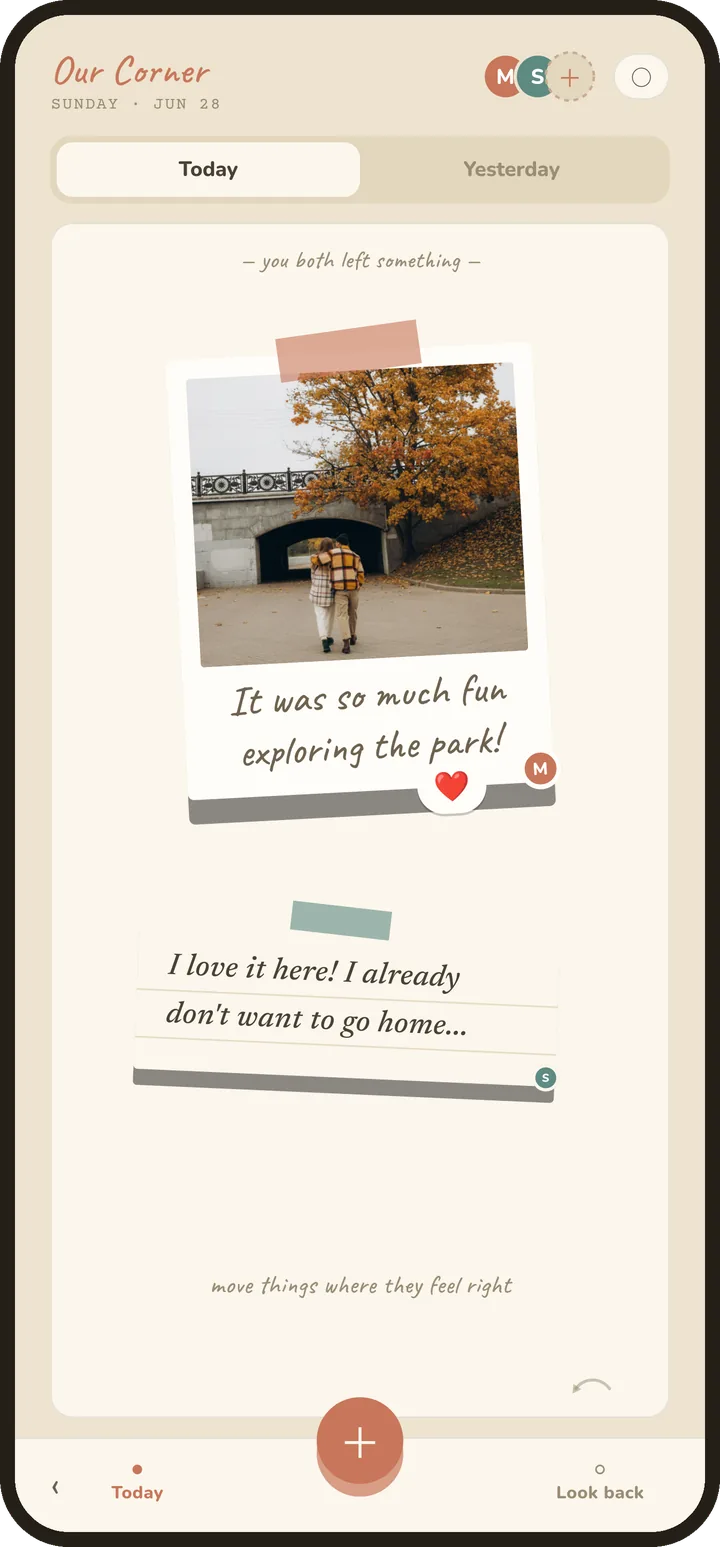 Today's page in a Corner: a taped polaroid of two people under autumn trees, with a handwritten note beneath it.