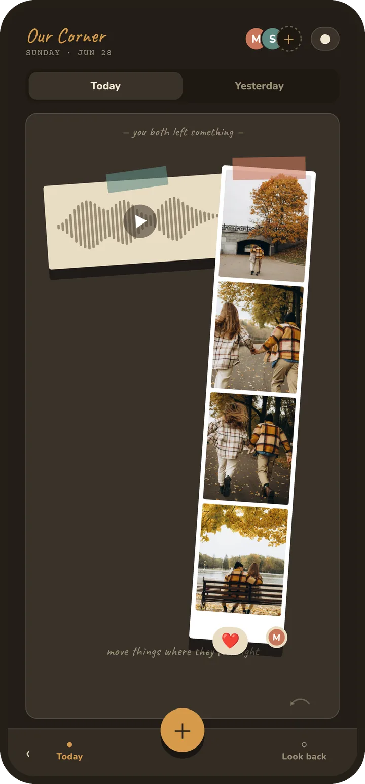 A Corner in the night theme: a voice note and a photo strip on a dark page.