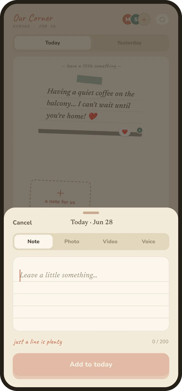 Writing a note: a composer sheet over the board with note, photo, video and voice tabs.