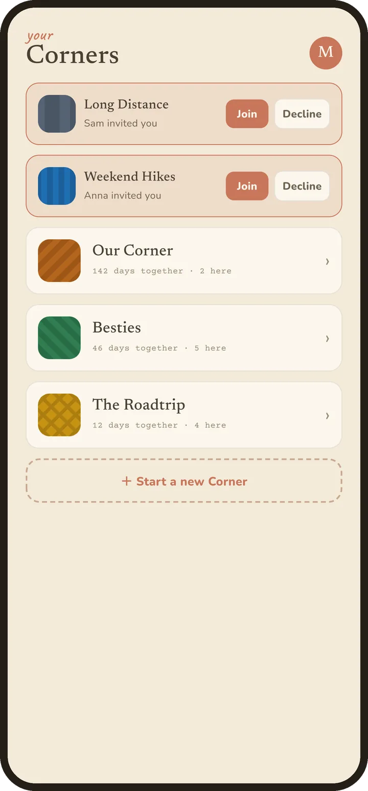 The Corners list, showing a few shared Corners and two pending invitations.